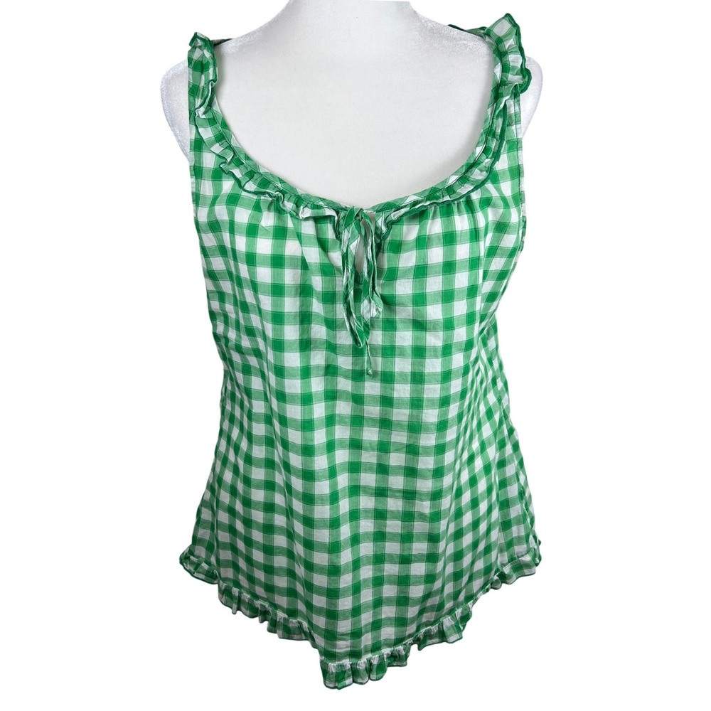 Paraphrase Green Gingham Ruffle Sleeveless‎ Top Women Small Cotton Tie Front